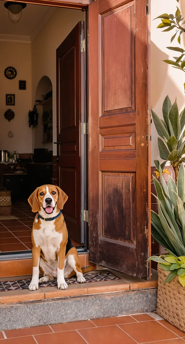 Perro beagle esperando su pedido en la puerta de casa