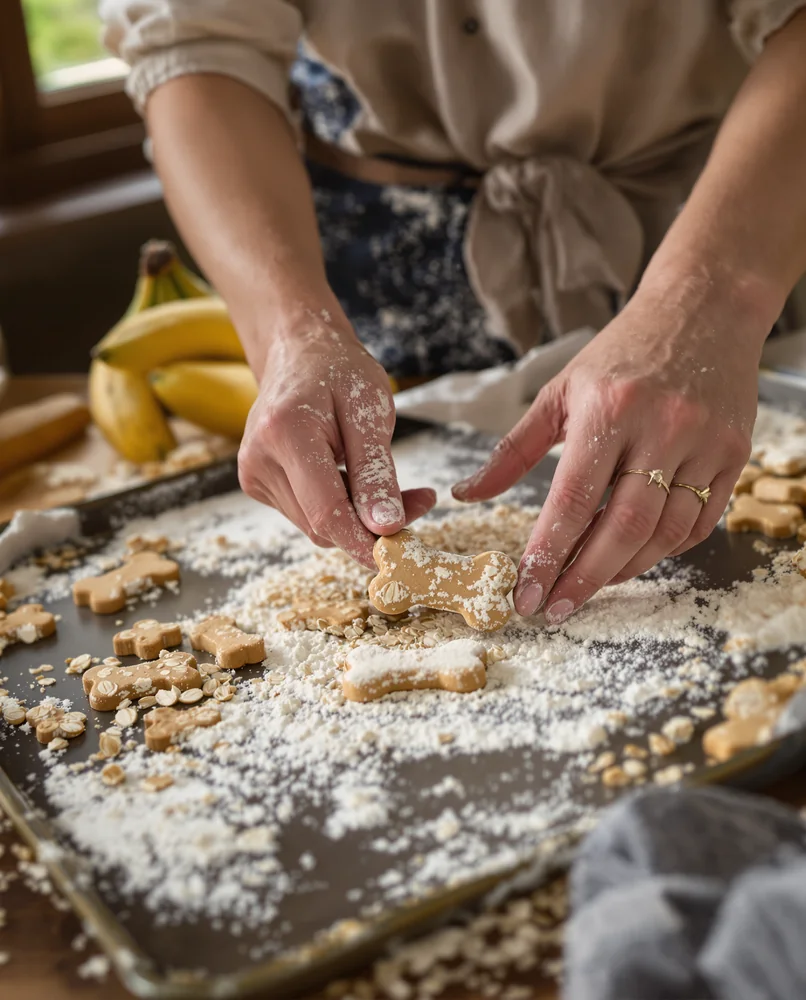 Manos preparando galletas artesanales para perro