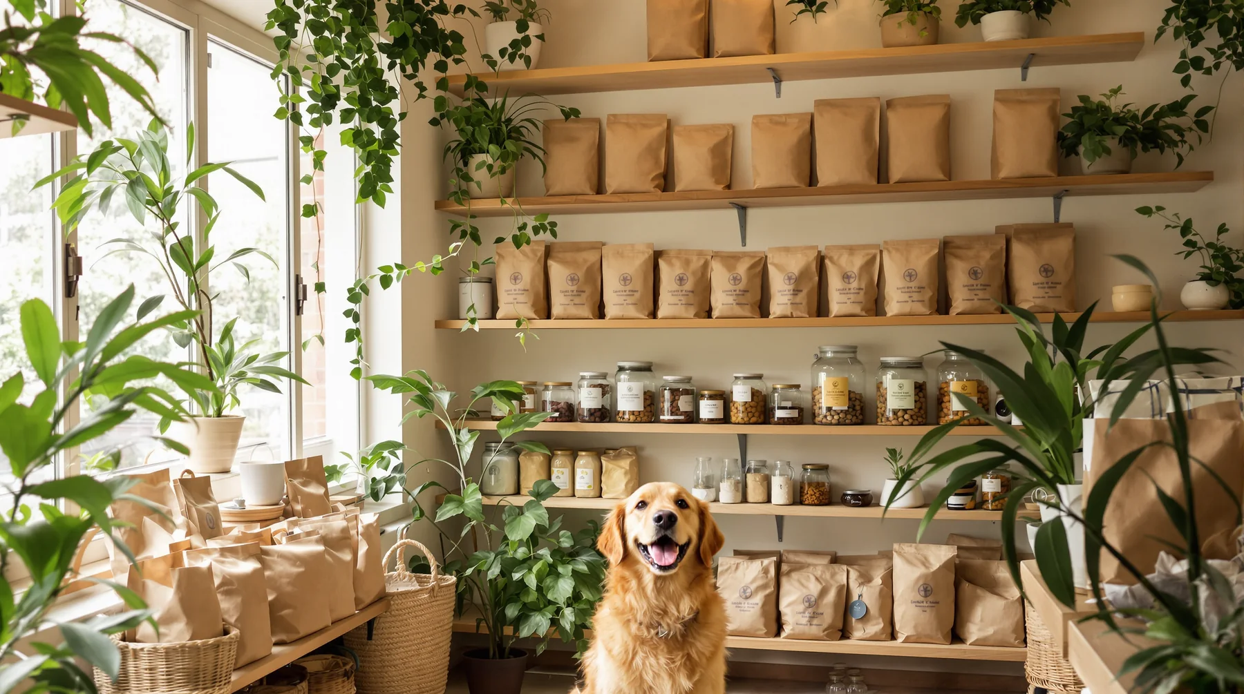 Perro golden retriever en una tienda con productos naturales para mascotas