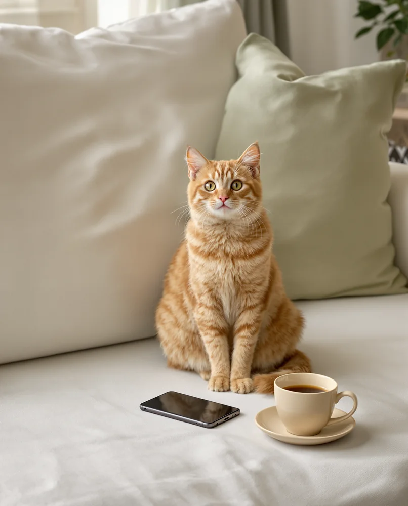 Gato sentado junto a un celular